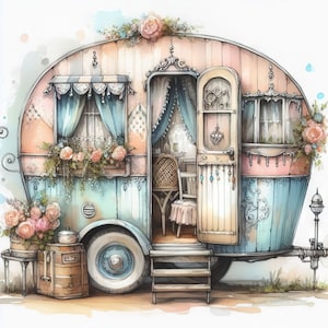 Clip art de una acogedora caravana caprichosa, 10 archivos JPG de acuarela de alta resolución para diarios basura, álbumes de recortes, fabricación de tarjetas, kit de descarga digital, fantasía
