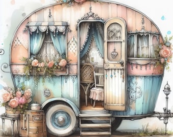 Cozy Whimsical Camper Clip Art 10 High Res Watercolor JPGs for Junk Journaling, Scrapbooking, Card Making, Digital Download Kit, Fantasy