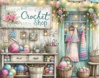 Crochet Shop: 10 High Res Watercolor JPGs, Junk Journaling, Scrapbooking, Card Making, Digital Art, Fantasy, Whimsical