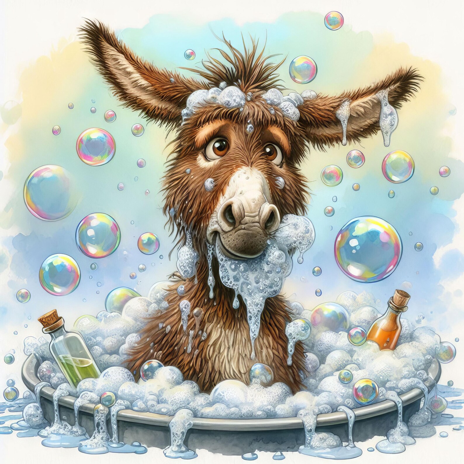 Frazzled Donkey in Bubble Bath: Clip Art, 10 High Res Watercolor Jpgs ...