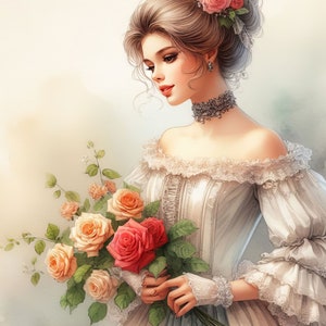 Pacchetto di 10 clip art di graziose donne vittoriane con acquerelli ad alta risoluzione in formato JPG per diario, album, artigianato, download digitale e fantasy.