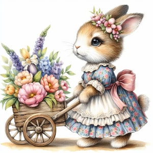 Hase mit Blumenwagen Clip Art 10 hochauflösende JPGs in Aquarell Farben für Junk Journaling, Scrapbooking, Kartenherstellung, Digital Download Kit