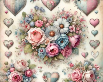 Peut inclure: Un arrangement floral d'inspiration vintage avec des fleurs roses, bleues et blanches, entouré de divers motifs en forme de cœur dans des tons de bleu et de rose.