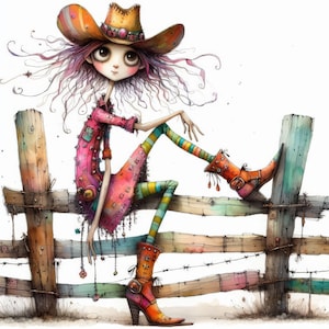 Quirky Cowgirl Clip Art 10 High Res Watercolor JPGs for Junk Journaling, Scrapbooking, Card Making, Digital Download, Fantasy, Whimsical