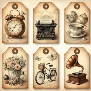 May include: Set of six vintage-style gift tags. Each tag features a different illustration: an alarm clock, typewriter, teacup, floral arrangement, bicycle, and gramophone. The tags have a distressed, aged appearance with a brown paper background.