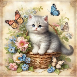 Kitten with Butterflies Clip Art Bundle 10 JPGs em aquarela de alta resolução para registro de lixo eletrônico, scrapbooking, criação de cartões, kit de download digital