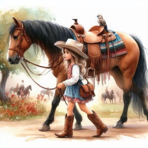 Kleines Mädchen mit Pferd Clip Art Bundle 10 hochauflösende Aquarell JPGs Junk Journaling Scrapbook Handwerk Kartenherstellung Digitaler Download Skurril