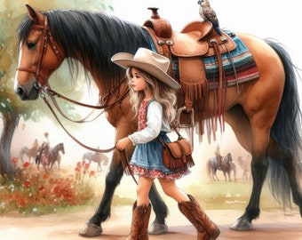 Lot de 10 images clipart petite fille avec cheval aquarelle haute résolution pour la journalisation indésirable, scrapbooking, travaux manuels, fabrication de cartes, téléchargement numérique