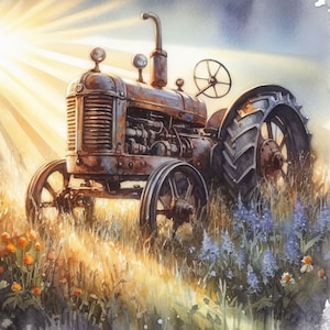 May include: Watercolor painting of a vintage rusty tractor in a field of wildflowers. The tractor is brown and gray, with large wheels and a prominent exhaust pipe. The background features a bright sunburst and a mix of orange, blue, and yellow flowers.