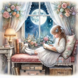 May include: A young girl sits on a window seat reading a book. She is wearing a white dress with lace trim and has her hair pulled back with a ribbon. A small white kitten sits on the seat next to her. The window is open and there is a full moon in the night sky.