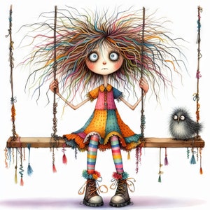 Clip art de Quirky Swing, 10 archivos JPG de acuarela de alta resolución para diarios basura, álbumes de recortes, fabricación de tarjetas, kit de descarga digital, fantasía, caprichoso