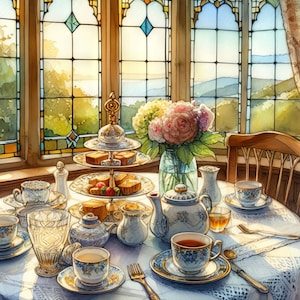 May include: A table setting with a white tablecloth, teacups, saucers, a teapot, a tiered cake stand with pastries, a vase with pink flowers, and a glass of water. The table is set in a room with a large window with stained glass.