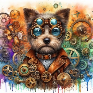 Steampunk Dog 10 haute résolution aquarelle JPG Journalisation indésirable, fabrication de cartes, téléchargement numérique, fantaisiste, fantastique, art numérique