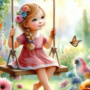 Little Girl on Swing Clip Art Bundle 10 JPG de acuarela de alta resolución para diario basura, álbum de recortes, manualidades, descarga digital