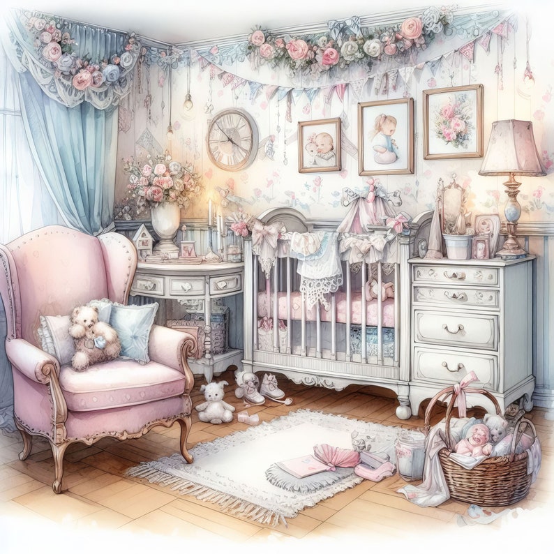 Shabby Chic Baby's Schlafzimmer Clip Art 10 hochauflösende JPGs in Aquarell Farben für Junk Journaling, Scrapbooking, Kartenherstellung, Digital Download Kit Bild 6