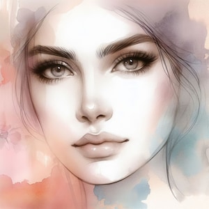 May include: A watercolor painting of a woman's face with soft, muted colors. The woman has long, dark hair and her eyes are closed. The background is a soft pink and blue.
