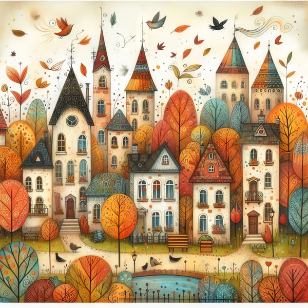 Whimsical Autumn City Clip Art 10 High Res Watercolor JPGs for Junk Journaling, Scrapbooking, Card Making, Digital Download Kit