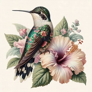 May include: A green and brown hummingbird with intricate floral details perched on a pink hibiscus flower with green leaves.