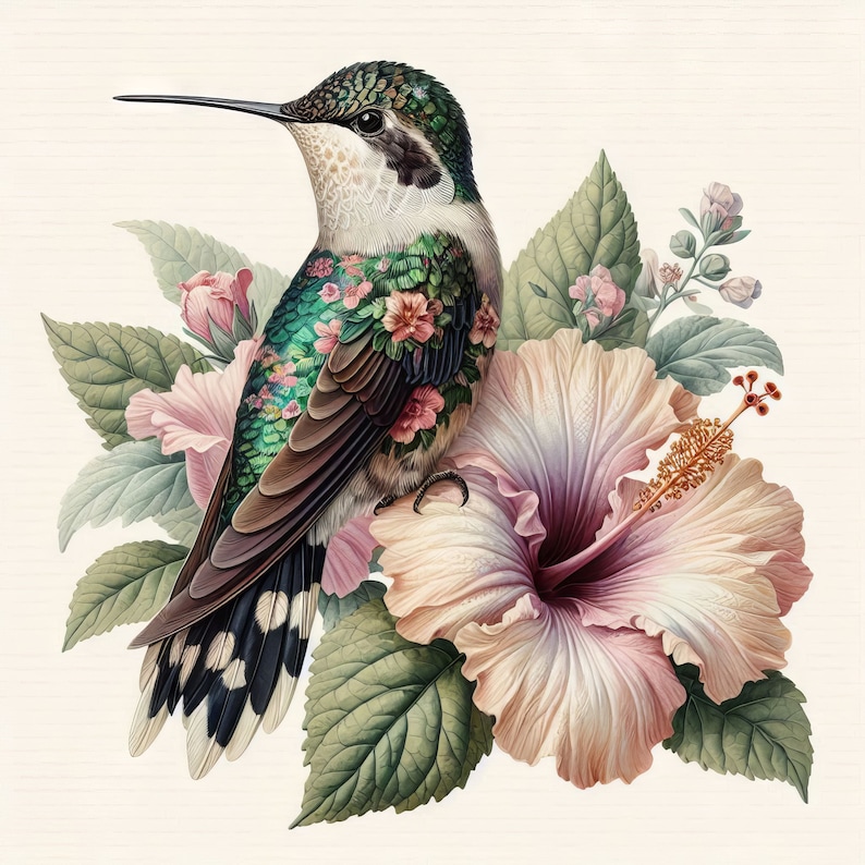 May include: A green and brown hummingbird with intricate floral details perched on a pink hibiscus flower with green leaves.