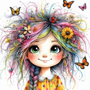 Schrulliges Schmetterlings-Mädchen #2 10 hochauflösende JPGs in Aquarellfarben Junk Journaling Scrapbooking Kartenherstellung Digitaler Download Kit Fantasy wunderlich