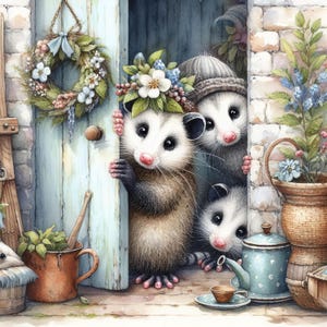 May include: A watercolour illustration depicts three opossums peeking from behind a light blue door. One wears a hat, another a floral crown. A floral wreath hangs above the door. Other details include a teapot and a brick wall.