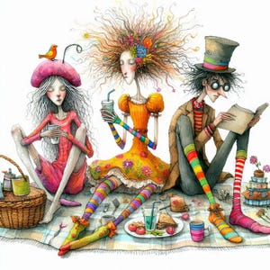 Imágenes prediseñadas de picnic peculiares: 10 archivos JPG de acuarela de alta resolución para diarios basura, álbumes de recortes, creación de tarjetas, kit de descarga digital, fantasía, caprichoso