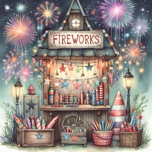 May include: Watercolor illustration of a fireworks stand at night with colorful fireworks in the sky. The stand has a sign that says "Fireworks" and is decorated with star-shaped lights and various fireworks for sale.