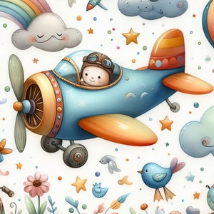 May include: A blue and orange airplane with a smiling pilot flying through a white sky with clouds, rainbows, and stars.