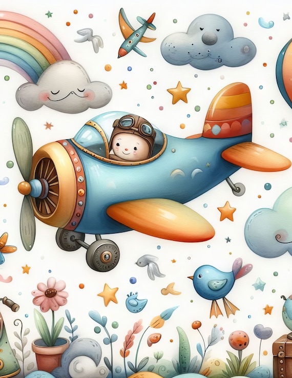 Whimsical Airplanes: Clip Art, 10 High Res Watercolor JPGs, Junk Journaling, Scrapbook, Crafts, Digital Art, Fantasy, Quirky