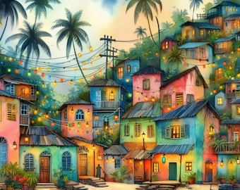 Caribbean Village: Watercolor, Clipart, High-Res JPGs (Digital Art)