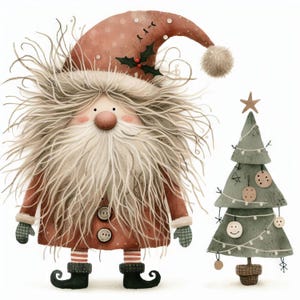 10 afbeeldingen eigenzinnige primitieve kerstman en boom Clip Art High Res aquarel JPGs Junk Journaling, kaarten maken, digitale download, grillig