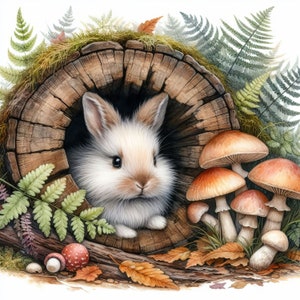 Lapin dans une bûche, clipart 10 fichiers JPG aquarelle haute résolution pour la journalisation indésirable, le scrapbooking, la fabrication de cartes, le kit de téléchargement numérique