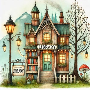 May include: A whimsical illustration of a wooden library building with a green roof, a sign that reads "Bristlecone Library", and a string of fairy lights. The building has a large window with a sign that reads "Library" above it. There is a tree with red toadstools in the background.