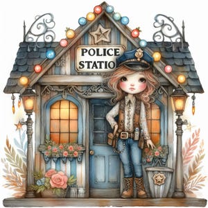 Polizeistation 10 hochauflösende Aquarell JPGs Junk-Journaling, Scrapbooking, Kartenherstellung, Digital Download Kit, Fantasie, Skurril
