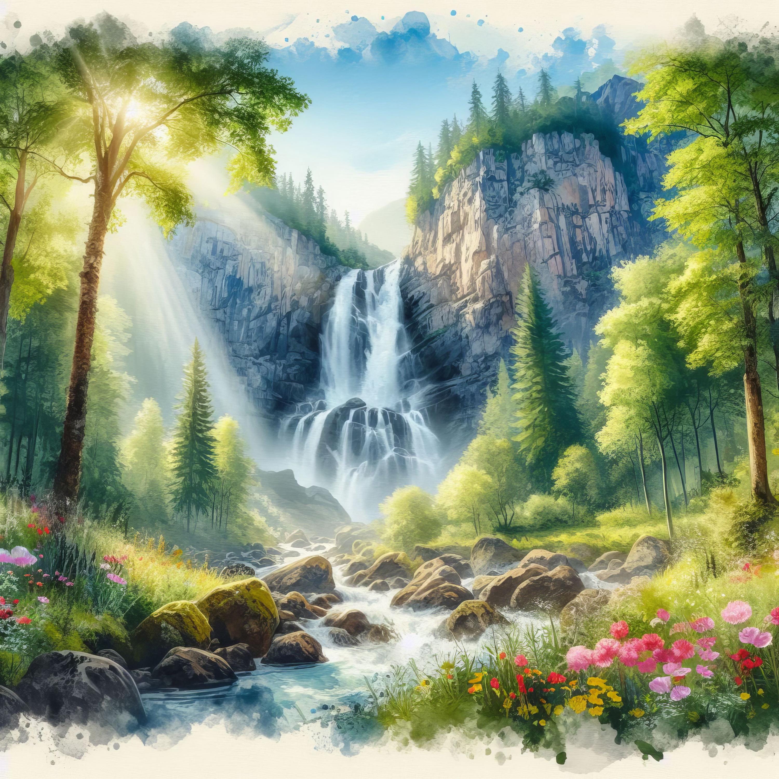 水彩画 自然風景 滝と木々27cm25cm 夏の滝 ジャンクジャーナル、スクラップブック、クラフト、デジタル