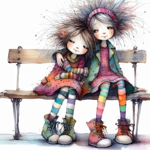 Quirky Sisters Clip Art 10 JPG de acuarela de alta resolución Diario basura, Scrapbooking, Fabricación de tarjetas, Kit de descarga digital, Fantasía, Caprichoso