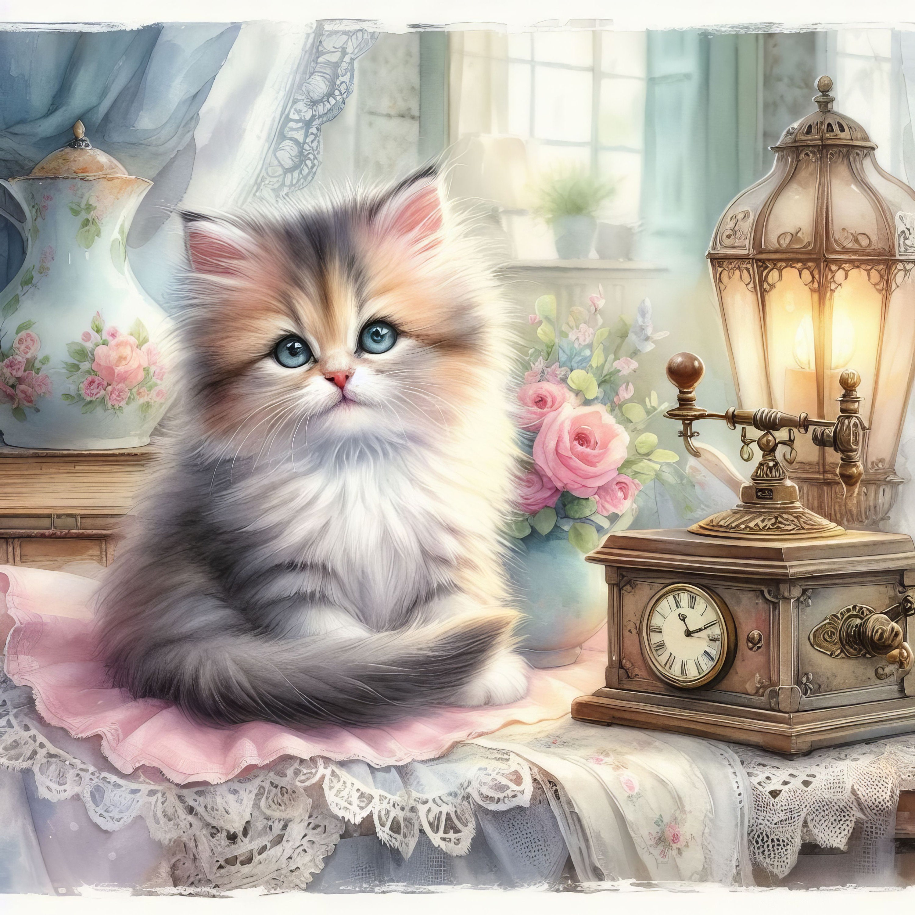 Shabby Chic Kitten Clip Art 10 High Res Watercolor Jpgs for Junk ...