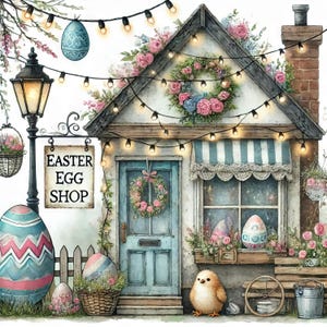 Easter Egg Shop 10 High Res Watercolor JPGs Junk Journaling, Scrapbooking, Card Making, Digital Download, Fantasy, Whimsical