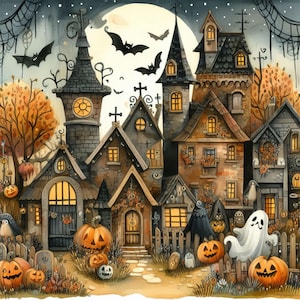 Wunderliche Halloween-Stadt 10 hochauflösende JPGs in Aquarellfarben, Junk Journaling, Scrapbooking, Kartenherstellung, digitaler Download, Fantasy