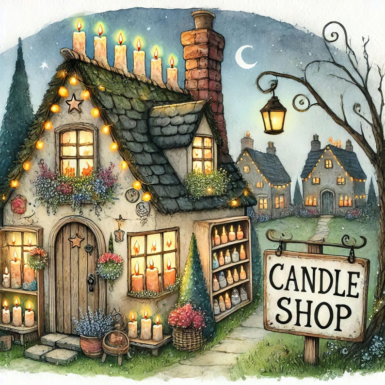 May include: A quaint, candlelit cottage with a sign that reads "CANDLE SHOP". The building has a stone exterior, a thatched roof, and windows with glowing lights. There are candles on the roof and shelves of candles inside the shop.