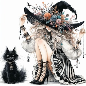 Könnte beinhalten: Illustration einer Frau mit langen blonden Haaren, die einen schwarzen Hexenhut mit Blumen und Blättern trägt. Sie sitzt neben einer schwarzen Katze mit einem geschmückten Halsband. Die Frau trägt ein schwarz-weiß gestreiftes Kleid und schwarze Schnürschuhe.