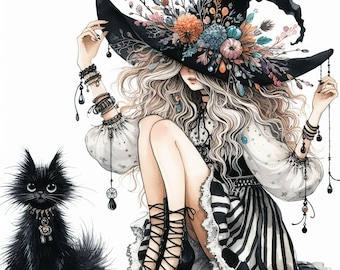 Quirky Little Witch: Clip Art 10 High Res Watercolor JPGs Junk Journaling, Card Making, Digital Art, Fantasy, Whimsical