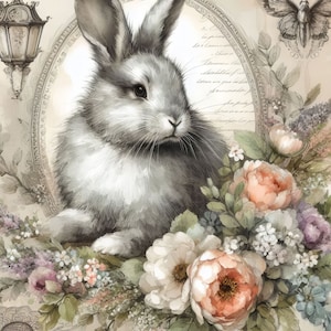 May include: A gray rabbit with white fur sits in a vintage frame surrounded by a bouquet of pink, white, and purple flowers. The background is a light beige with a faded floral pattern.