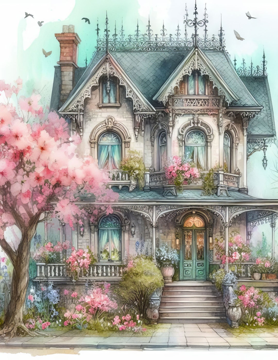 Shabby Chic Victorian House Clip Art Kit 10 High Res Watercolor Jpgs ...