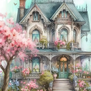 Shabby Chic Victorian House Clip Art Kit 10 JPG de acuarela de alta resolución para diario basura, álbum de recortes, manualidades, descarga digital