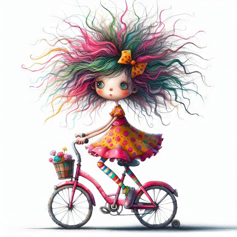 May include: A girl with pink and green hair rides a pink bicycle with a basket of flowers. She is wearing a yellow polka dot dress and colorful striped socks.
