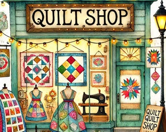 Quilt Shop 10 High Res Watercolor JPGs Junk Journaling, Scrapbooking, Card Making, Digital Download, Fantasy, Whimsical