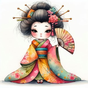 Quirky Geisha Clip Art 10 JPG ad alta risoluzione ad acquerello per Junk Journaling, Scrapbooking, Card Making, Download digitale, Fantasy, Stravagante