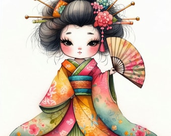 Quirky Geisha Clip Art 10 High Res Watercolor JPGs for Junk Journaling, Scrapbooking, Card Making, Digital Art, Fantasy, Whimsical