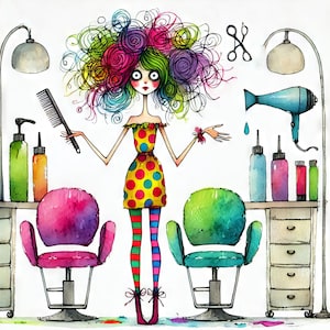 Schrullig, Friseur Clip Art 10 hochauflösende JPGs in Aquarell Farben Junk Journaling, Scrapbooking, Kartenherstellung, Digital Download Kit, Fantasy, Skurril
